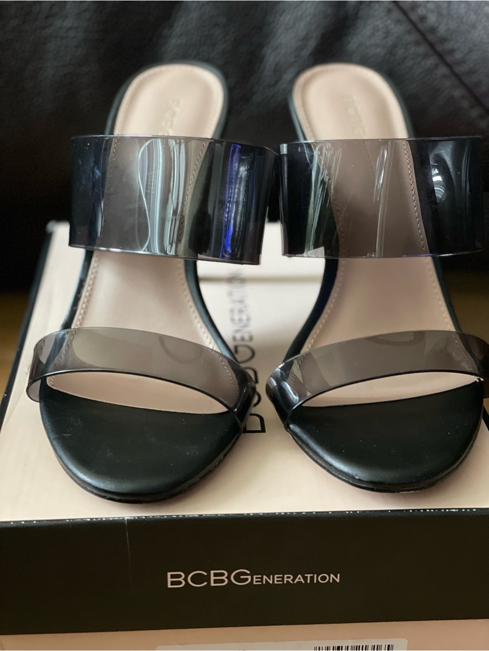BCBGeneration Black Smoke Clear-strap Slide Heels